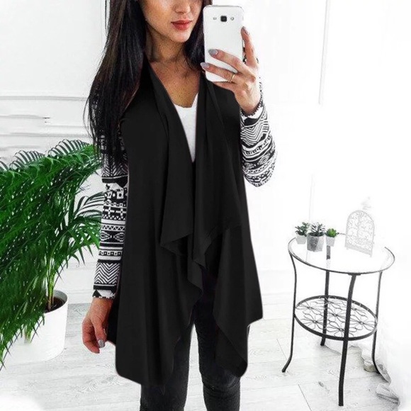Sweaters - Geometric Print Sleeves Open Waterfall Cardigan
